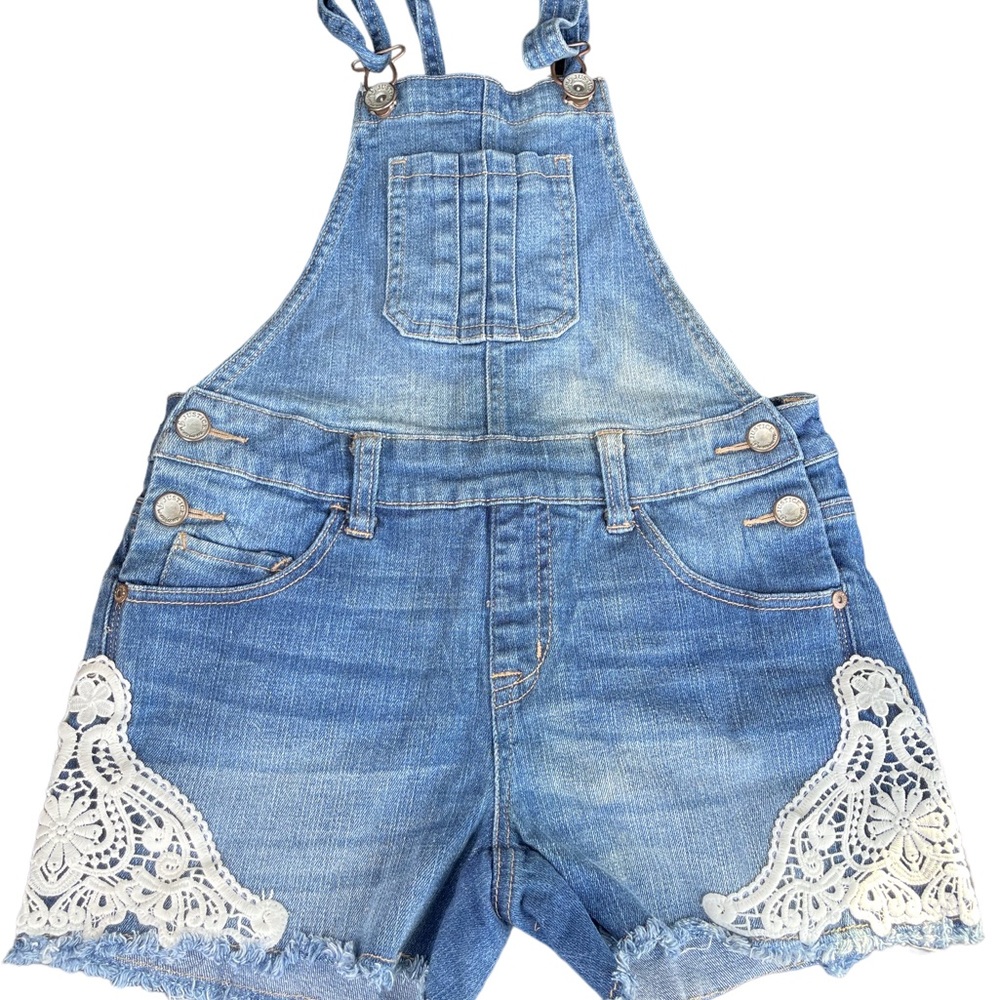 GIRLS JUSTICE OVERALL SHORTS DENIM 14R LACE APPLIQUÉ